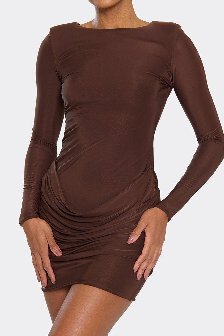 Solid Long Sleeve Gathering Mini Dress