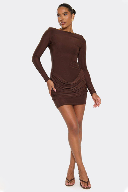 Solid Long Sleeve Gathering Mini Dress