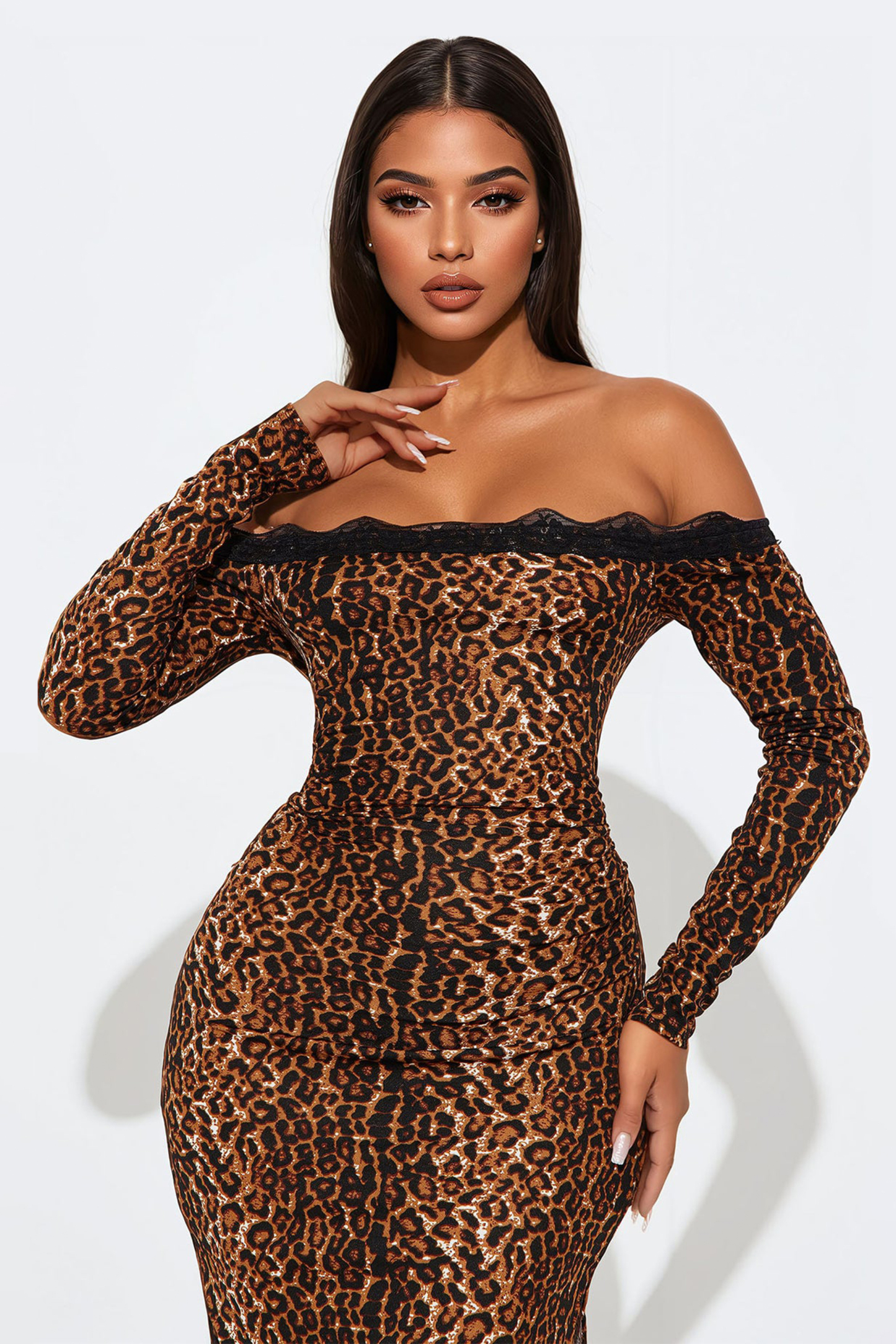 Lace Splicing Leopard Print Off-Shoulder Midi Dress