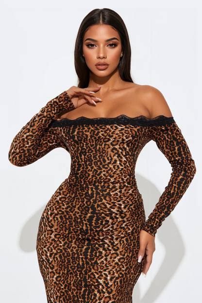 Lace Splicing Leopard Print Off-Shoulder Midi Dress