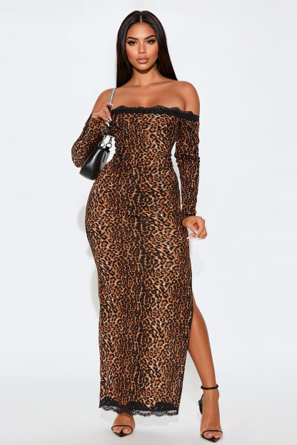 Lace Splicing Leopard Print Off-Shoulder Midi Dress