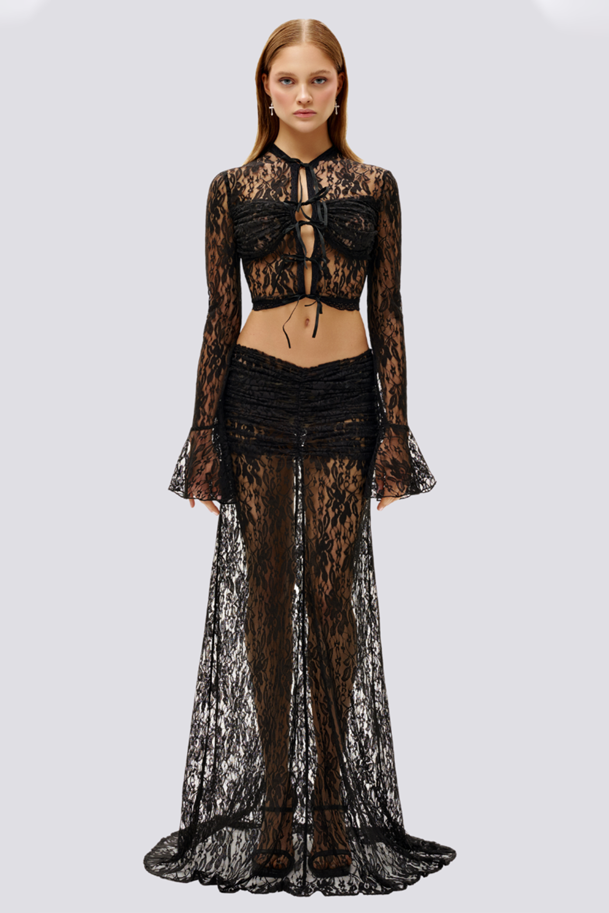 Lace See-Through Tie-Up Top & Low Waist Maxi Skirt Set