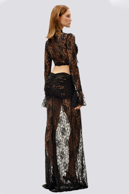 Lace See-Through Tie-Up Top & Low Waist Maxi Skirt Set