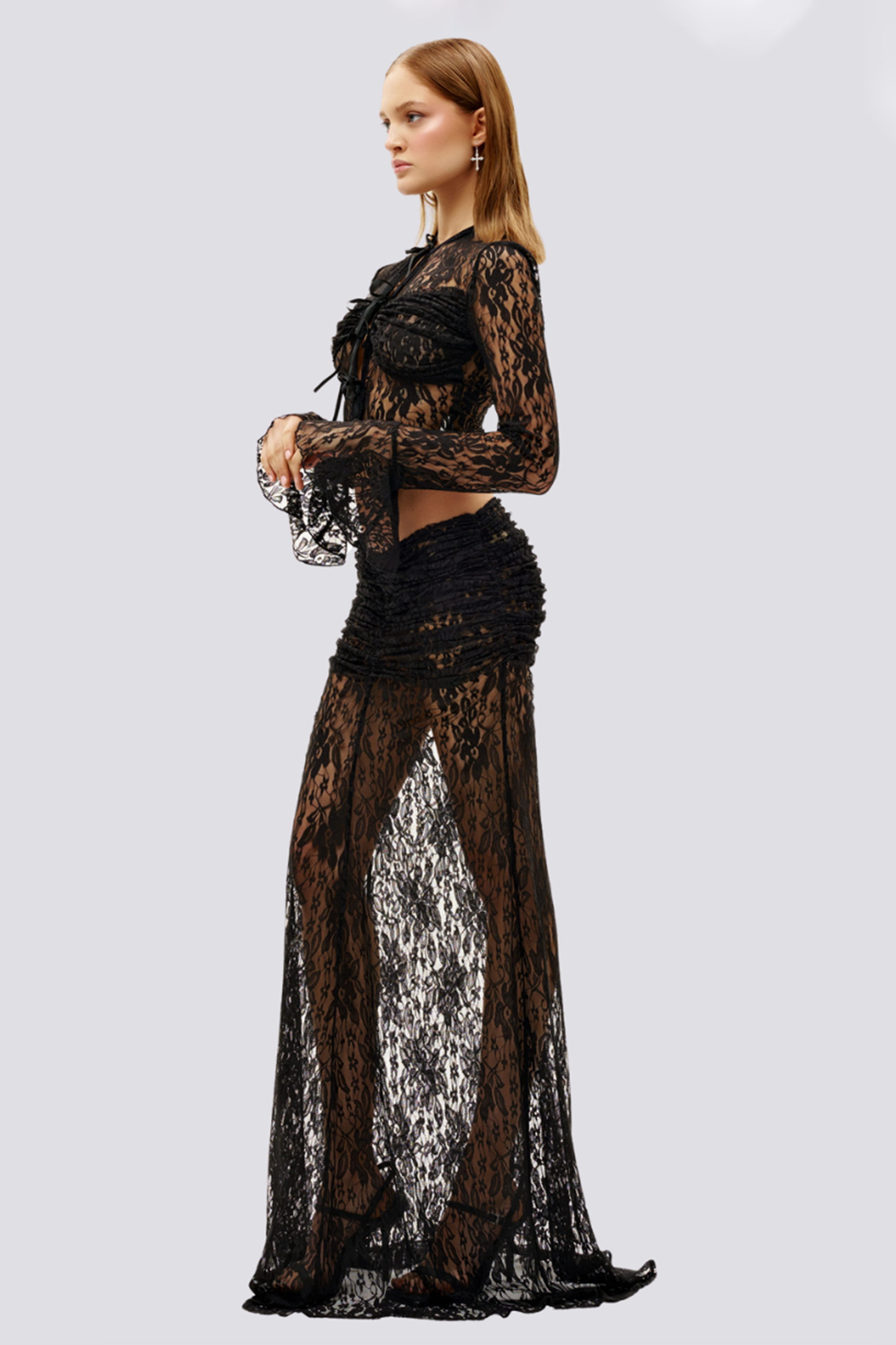 Lace See-Through Tie-Up Top & Low Waist Maxi Skirt Set