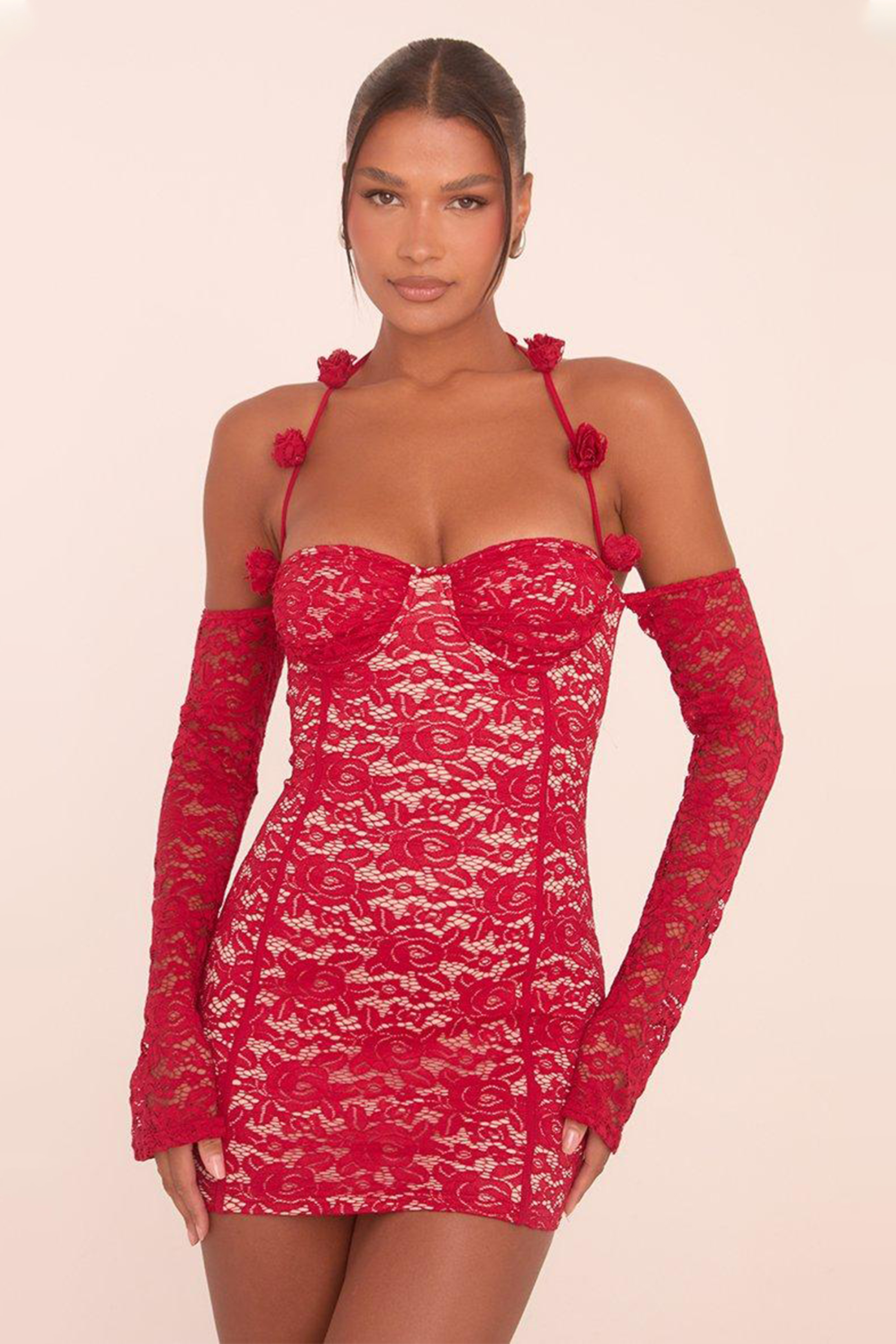 Lace Halter Neck 3D Flower Mini Dress