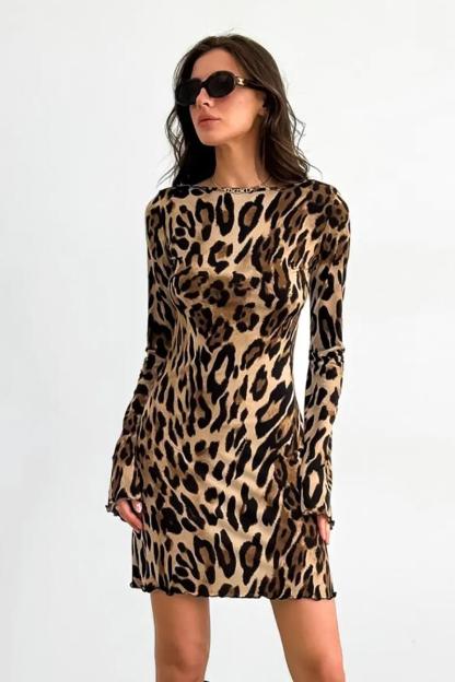 Leopard Print Tie-Up Long Sleeve Mini Dress