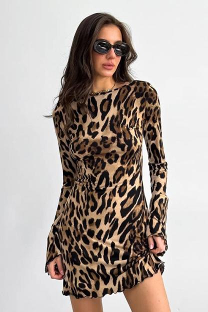 Leopard Print Tie-Up Long Sleeve Mini Dress
