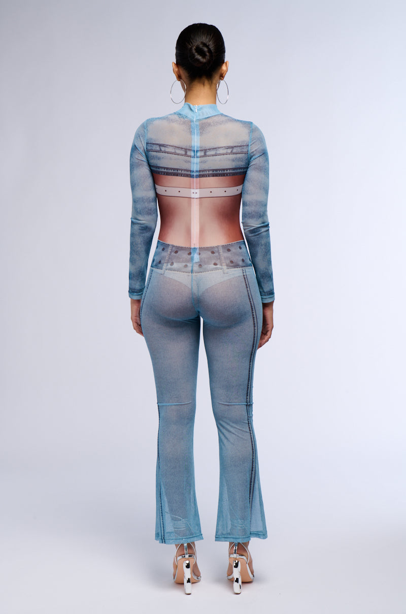 Mesh Abstract Print Long Sleeve Jumpsuit