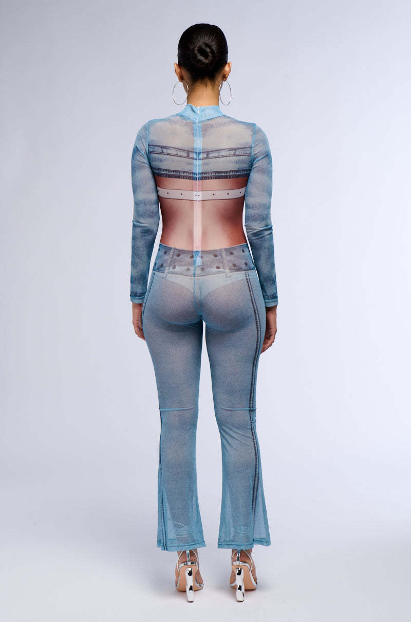 Mesh Abstract Print Long Sleeve Jumpsuit