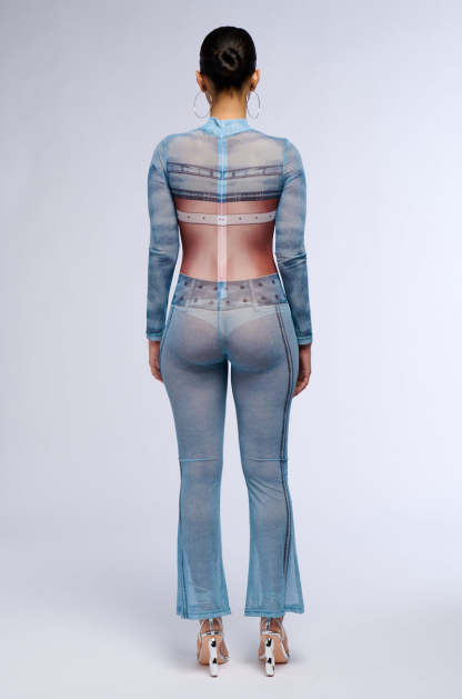 Mesh Abstract Print Long Sleeve Jumpsuit