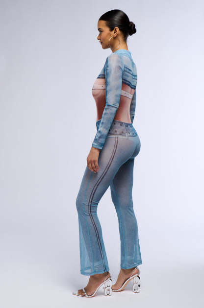 Mesh Abstract Print Long Sleeve Jumpsuit