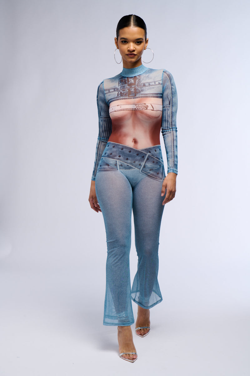 Mesh Abstract Print Long Sleeve Jumpsuit