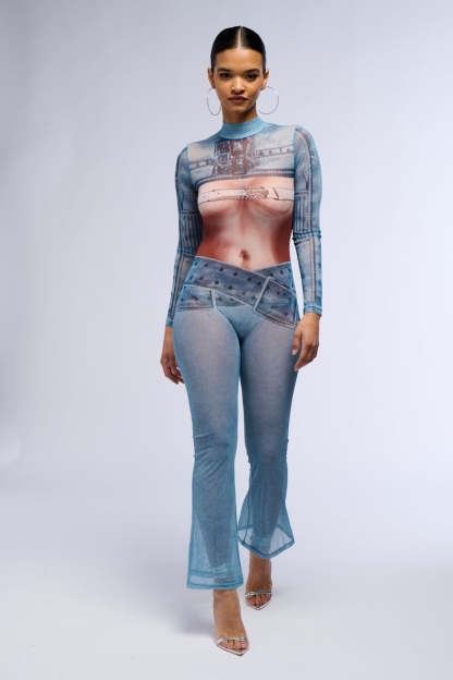 Mesh Abstract Print Long Sleeve Jumpsuit