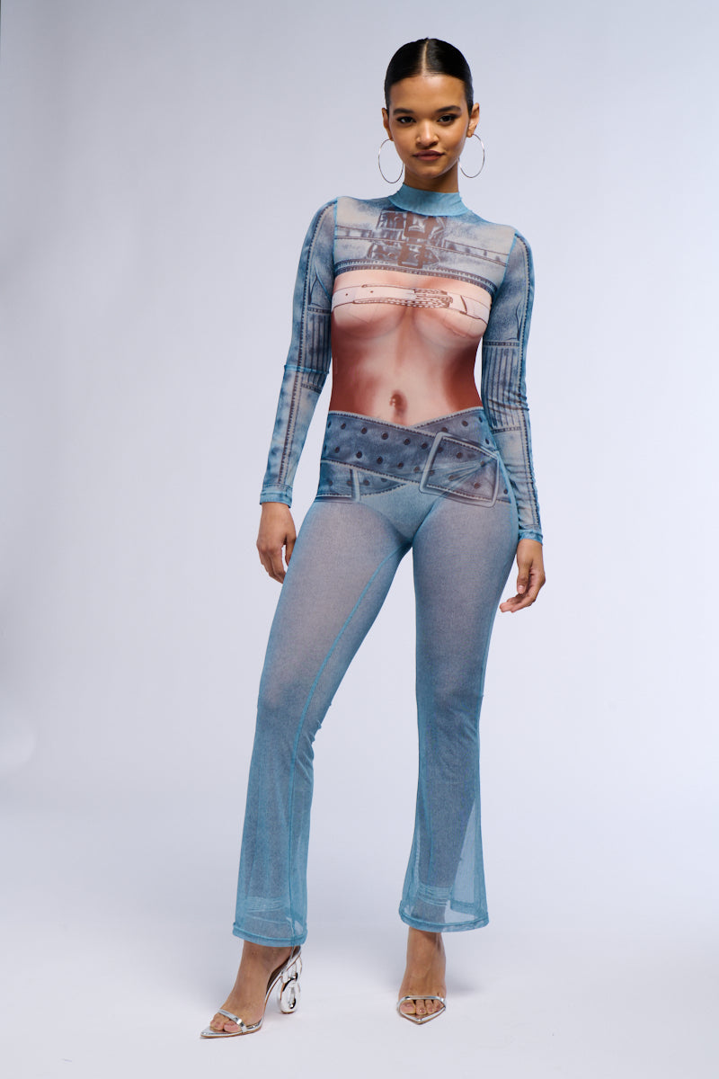 Mesh Abstract Print Long Sleeve Jumpsuit