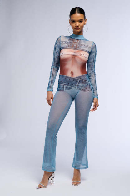 Mesh Abstract Print Long Sleeve Jumpsuit