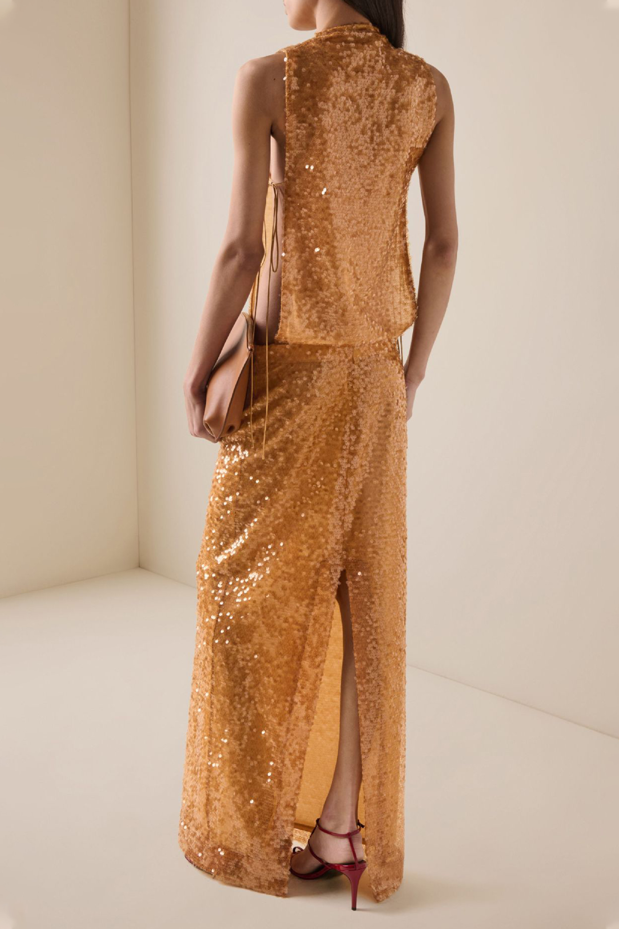 Sequin Tie-Up Slit Maxi Dress