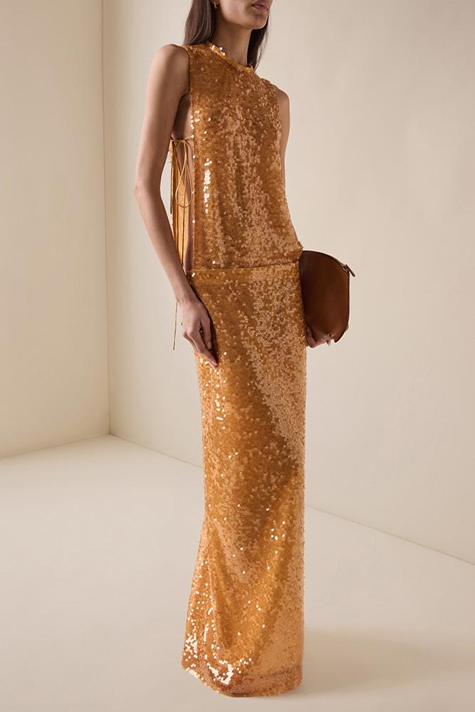 Sequin Tie-Up Slit Maxi Dress