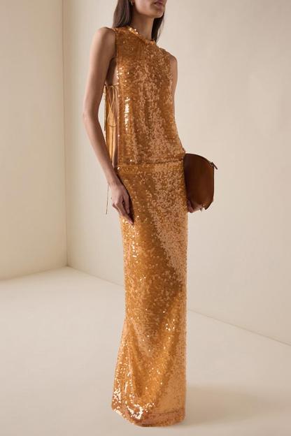 Sequin Tie-Up Slit Maxi Dress