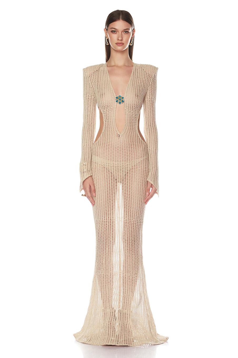 Crochet Rhinestone Cut-Out Maxi Dress