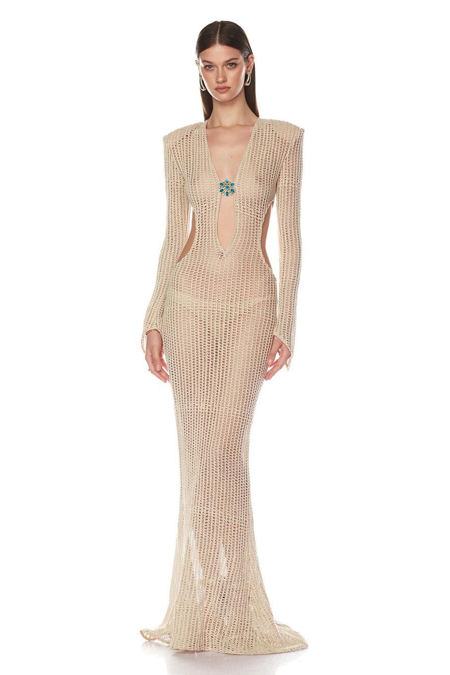 Crochet Rhinestone Cut-Out Maxi Dress