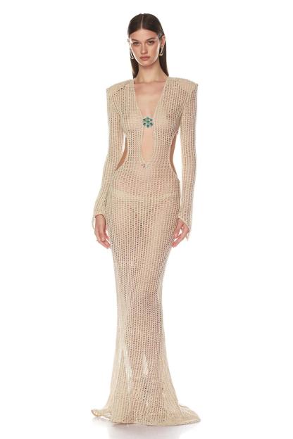 Crochet Rhinestone Cut-Out Maxi Dress