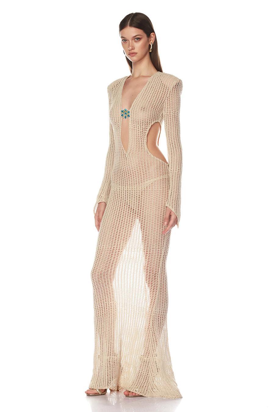 Crochet Rhinestone Cut-Out Maxi Dress