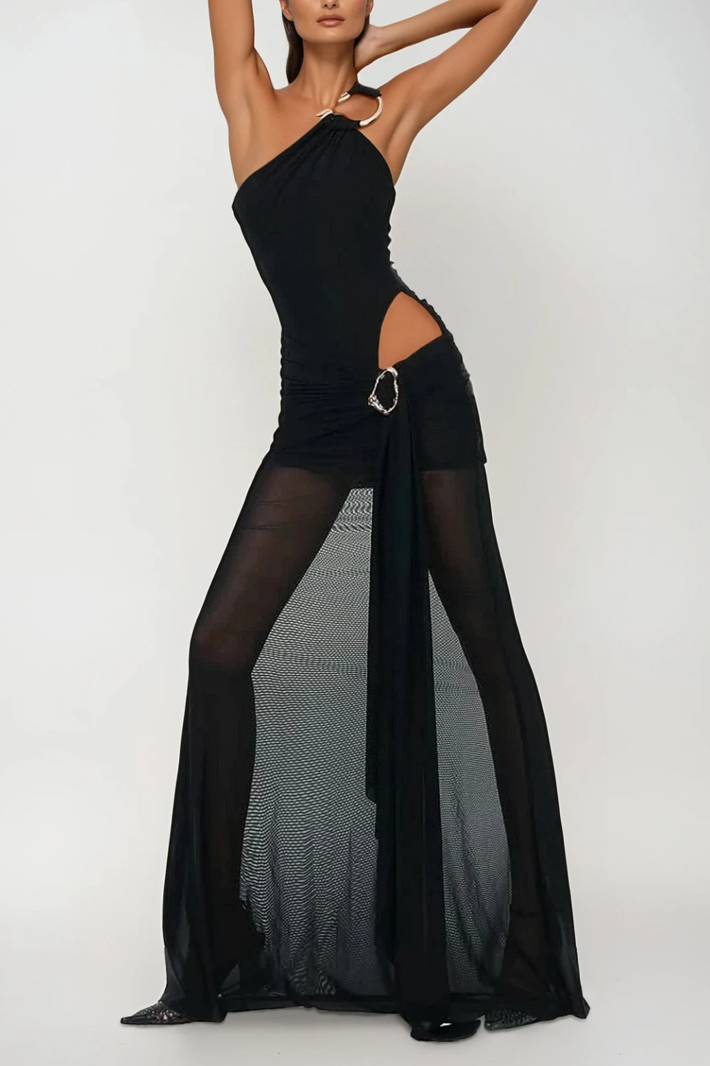 Mesh Metal Decorations Cut-Out Maxi Dress