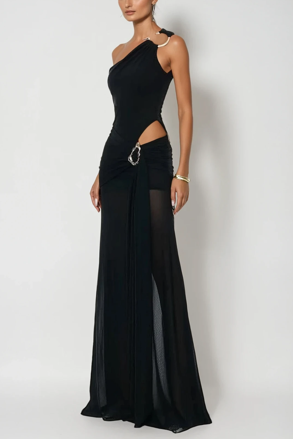 Mesh Metal Decorations Cut-Out Maxi Dress