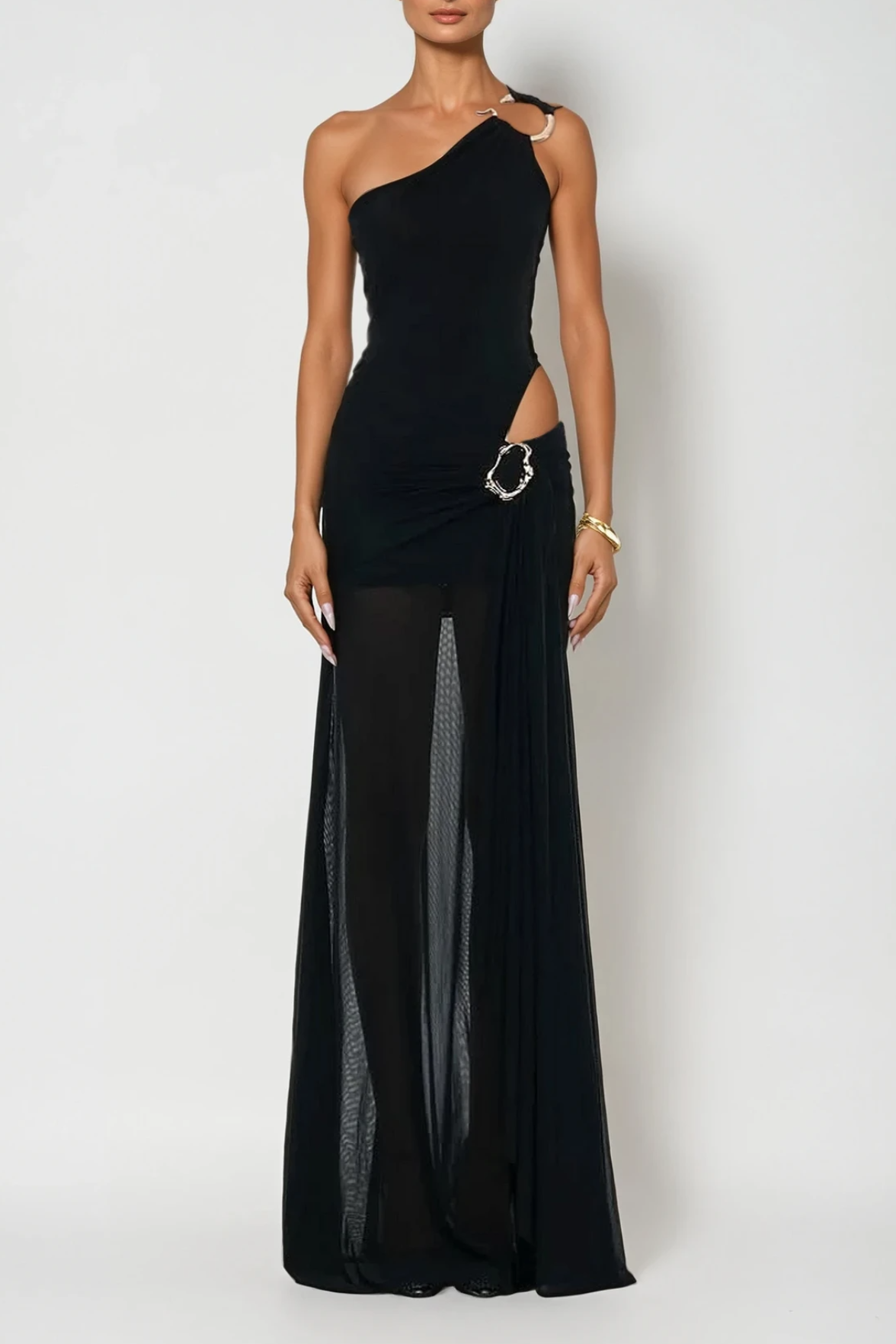 Mesh Metal Decorations Cut-Out Maxi Dress