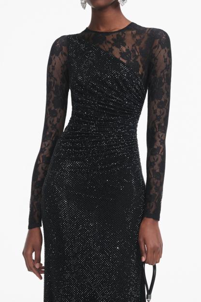 Mesh Splicing Lace Rhinestone Maxi Dress