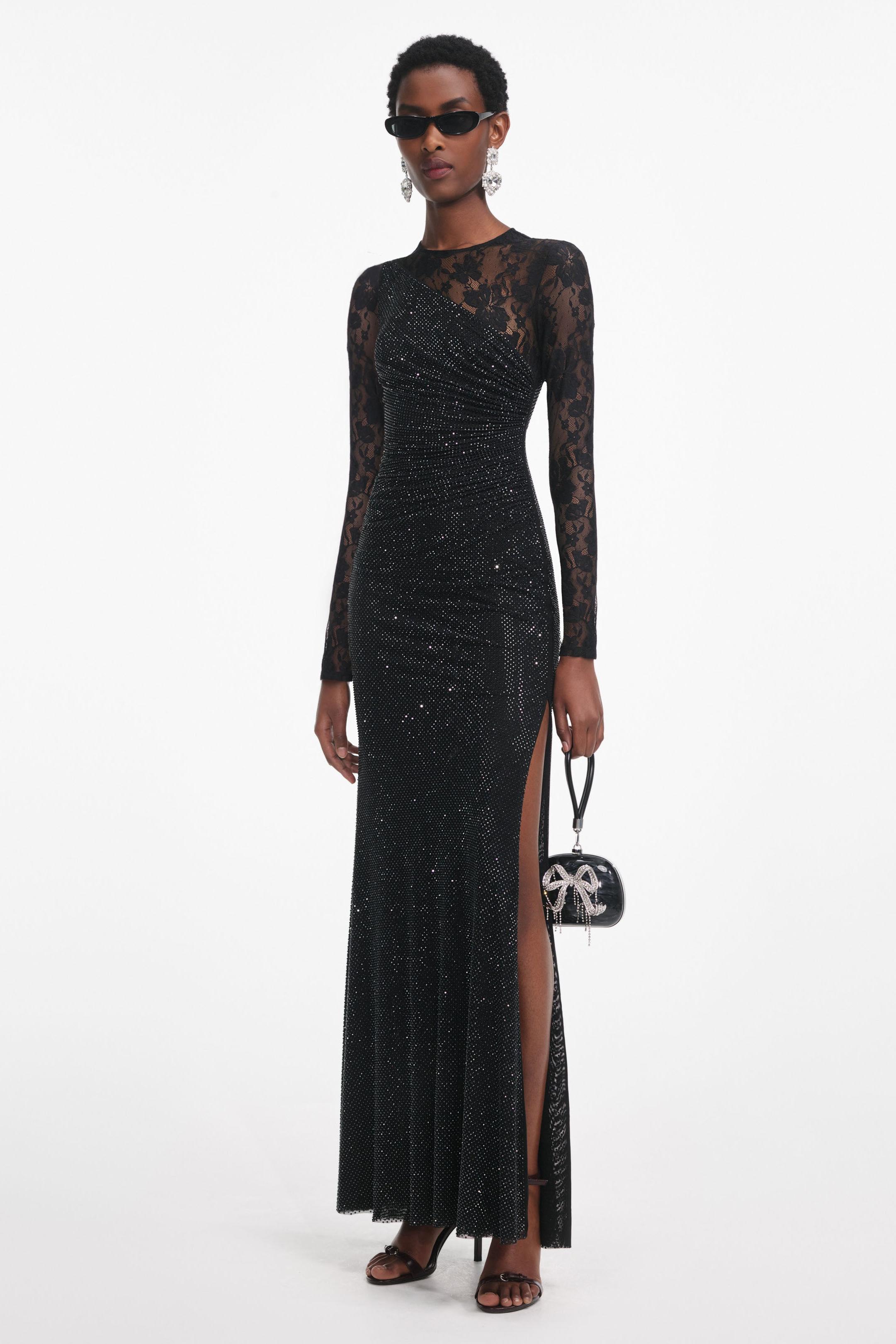 Mesh Splicing Lace Rhinestone Maxi Dress