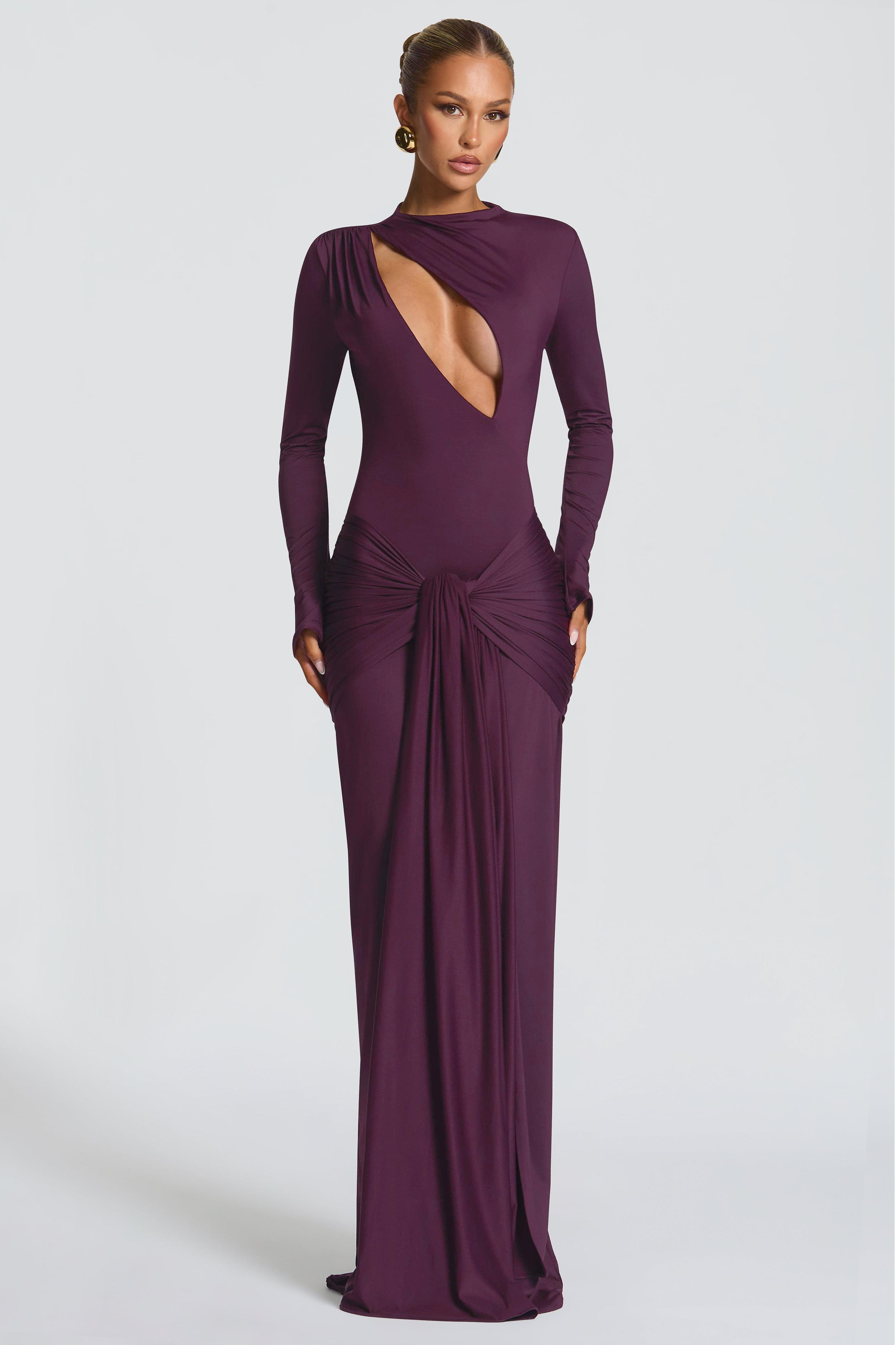 3D Flower Velvet Faux Pearl Rhinestone One Shoulder Maxi Dress