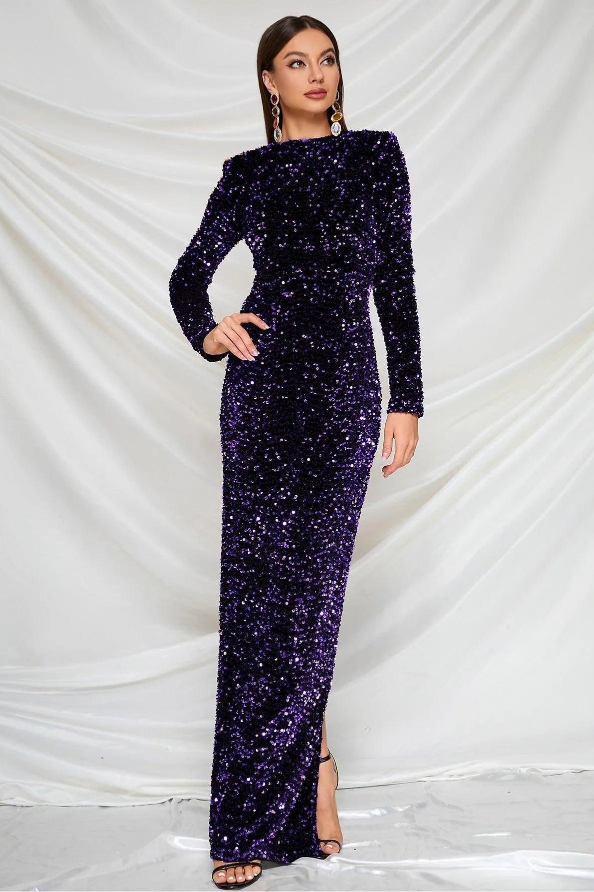 Velvet Sequin Long Sleeve Maxi Dress
