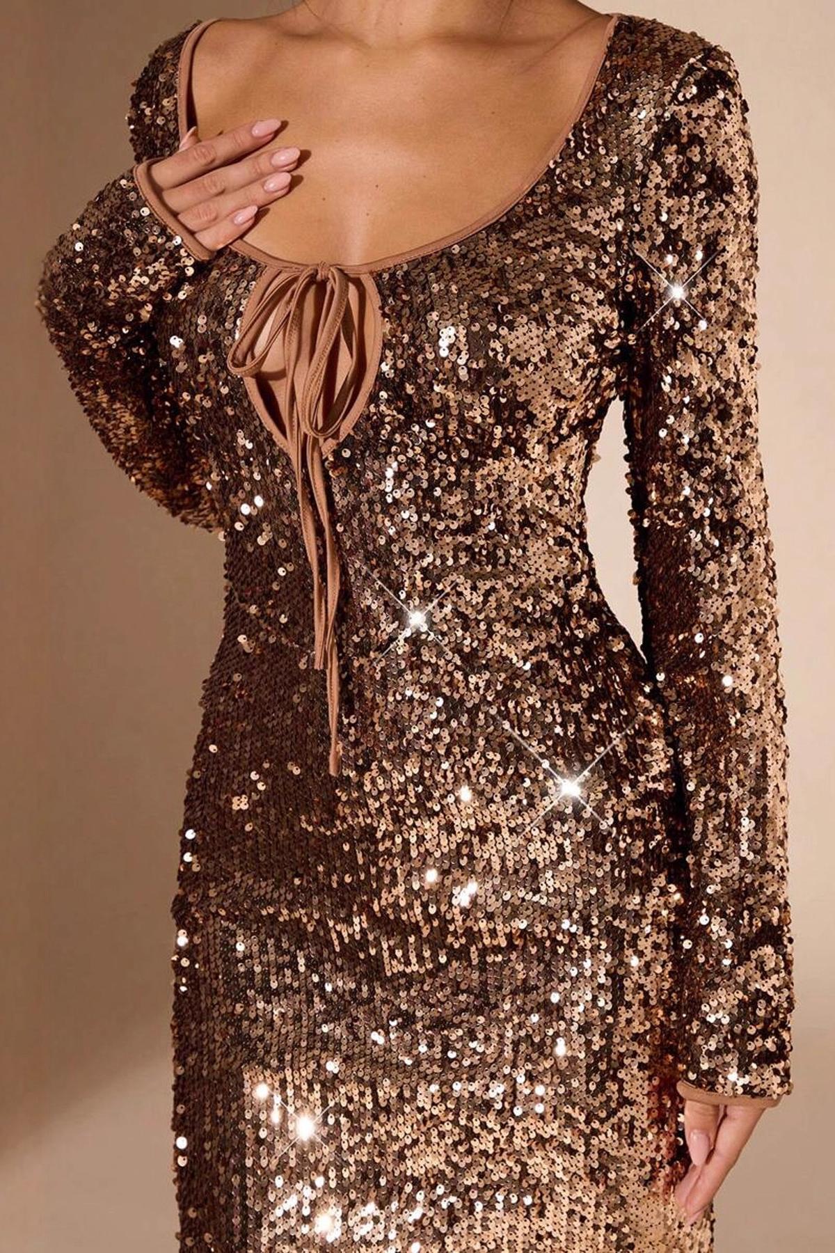 Sequin Tie-Up Long Sleeve Midi Dress