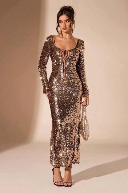 Sequin Tie-Up Long Sleeve Midi Dress