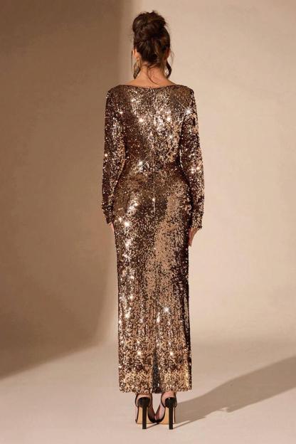 Sequin Tie-Up Long Sleeve Midi Dress
