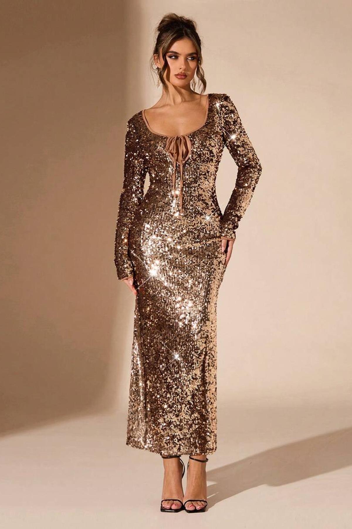 Sequin Tie-Up Long Sleeve Midi Dress