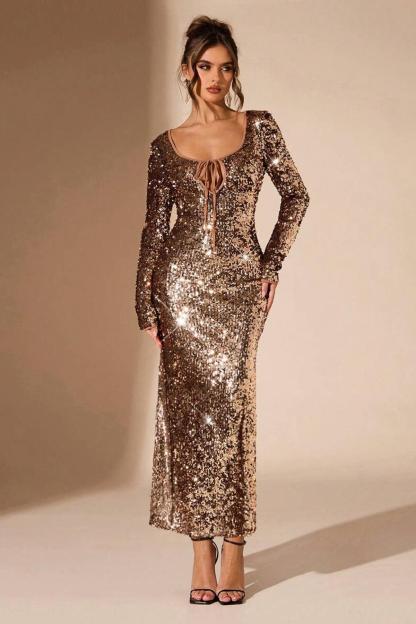 Sequin Tie-Up Long Sleeve Midi Dress