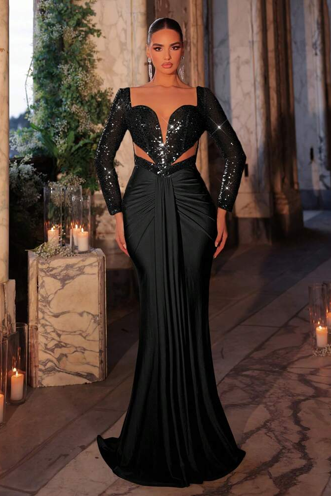 Sequin Splicing Jersey See-Through Maxi Dress