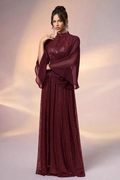 Sequin Splicing Chiffon Long Sleeve Maxi Dress