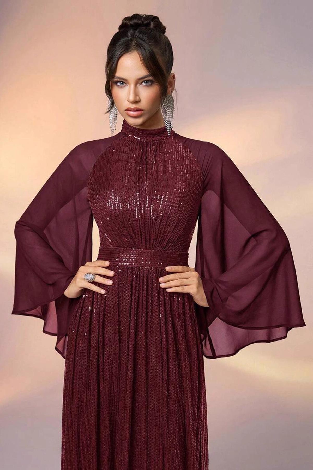 Sequin Splicing Chiffon Long Sleeve Maxi Dress