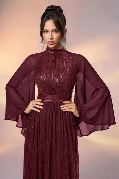 Sequin Splicing Chiffon Long Sleeve Maxi Dress