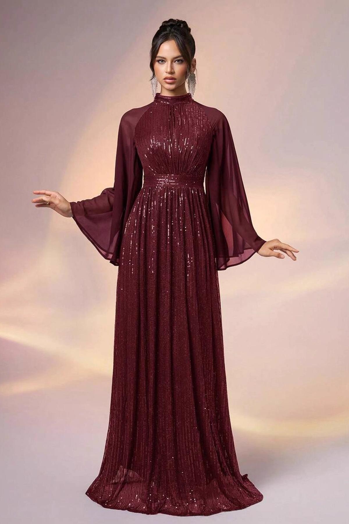 Sequin Splicing Chiffon Long Sleeve Maxi Dress