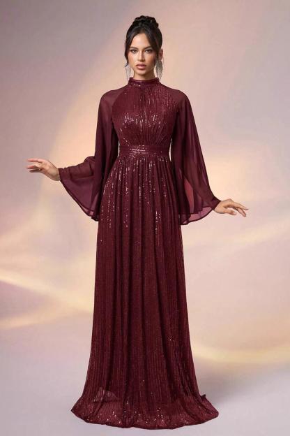 Sequin Splicing Chiffon Long Sleeve Maxi Dress