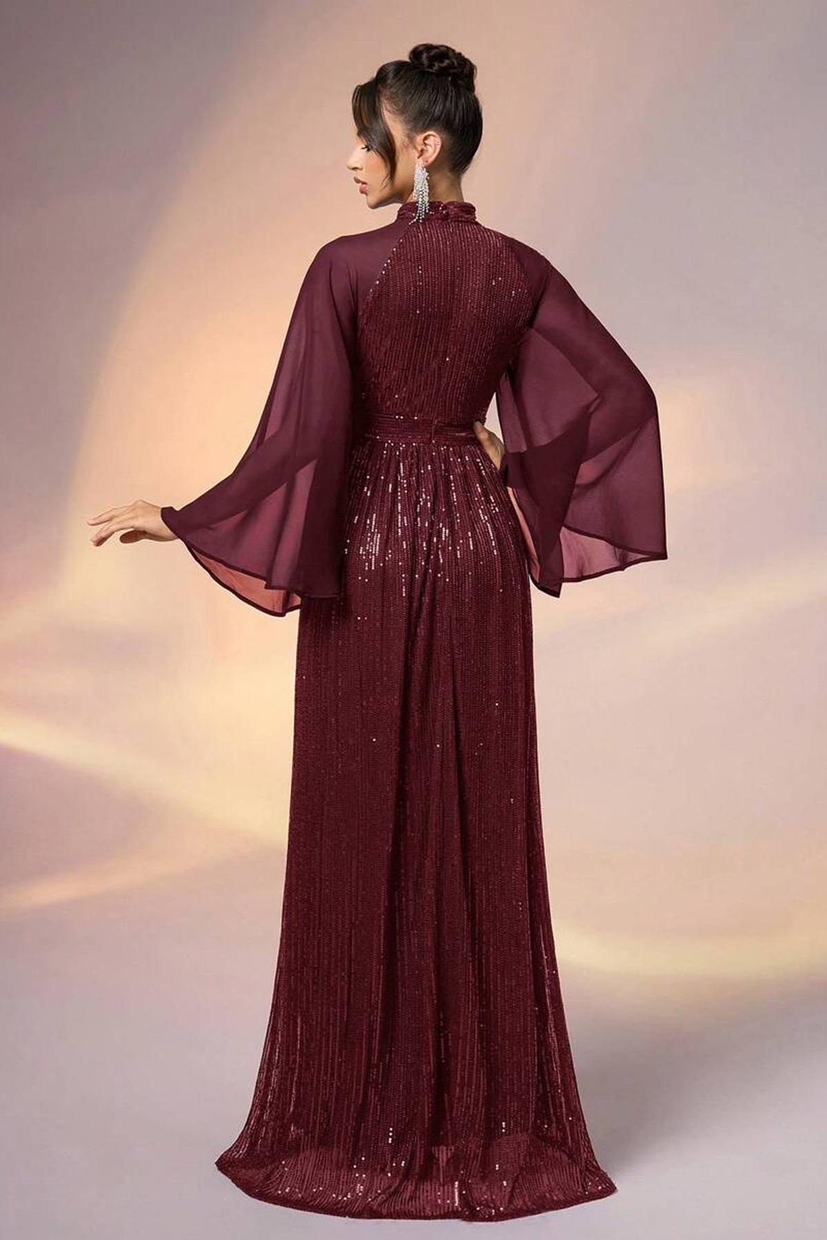 Sequin Splicing Chiffon Long Sleeve Maxi Dress