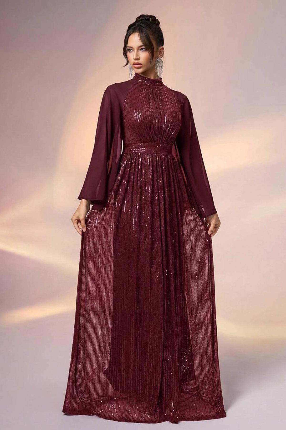 Sequin Splicing Chiffon Long Sleeve Maxi Dress