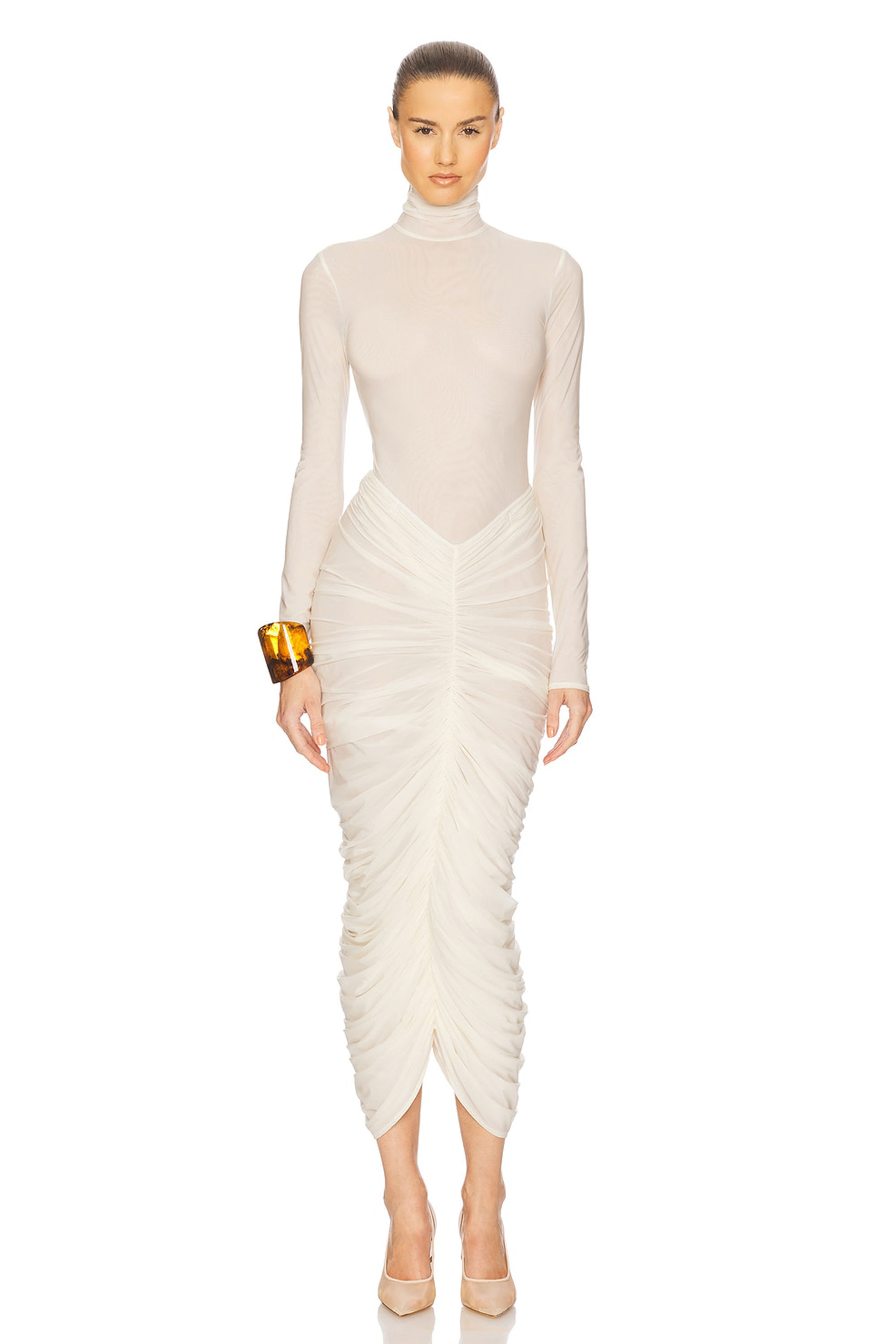 High Neck Long Sleeve Ruched Midi Dress