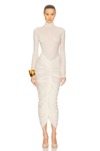 High Neck Long Sleeve Ruched Midi Dress