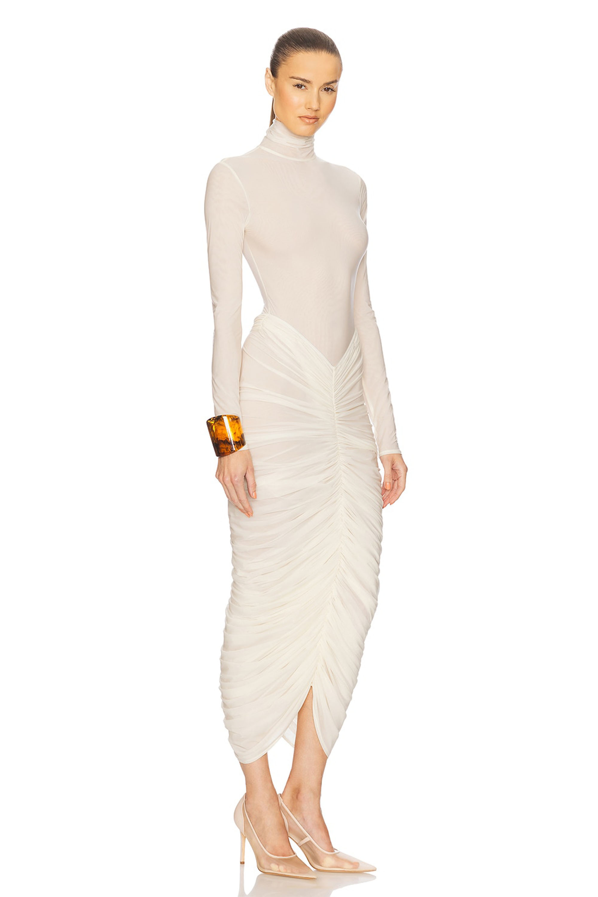 High Neck Long Sleeve Ruched Midi Dress