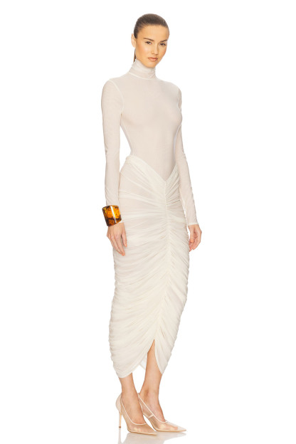 High Neck Long Sleeve Ruched Midi Dress